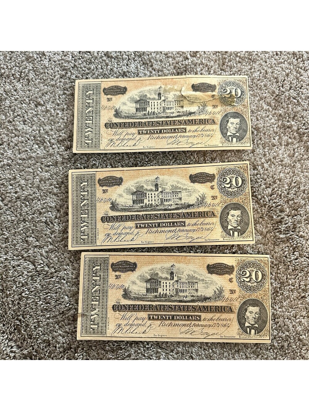 LOT OF 3 CONFEDERATED STATES OF AMERICA TWENTY DOLLAR BANKNOTE FACSIMILE FLAWS